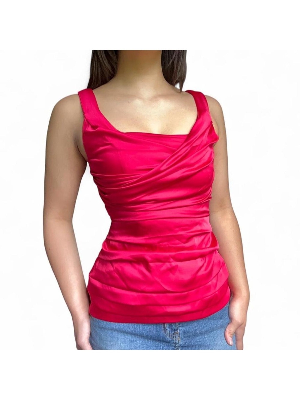 hot pink ruched sleeveless top w/ low-cut back